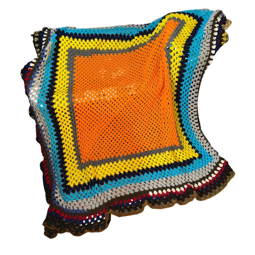 Vintage Handmade Crochet Granny‎ Square Blanket Multi Color Boho Throw Afghan